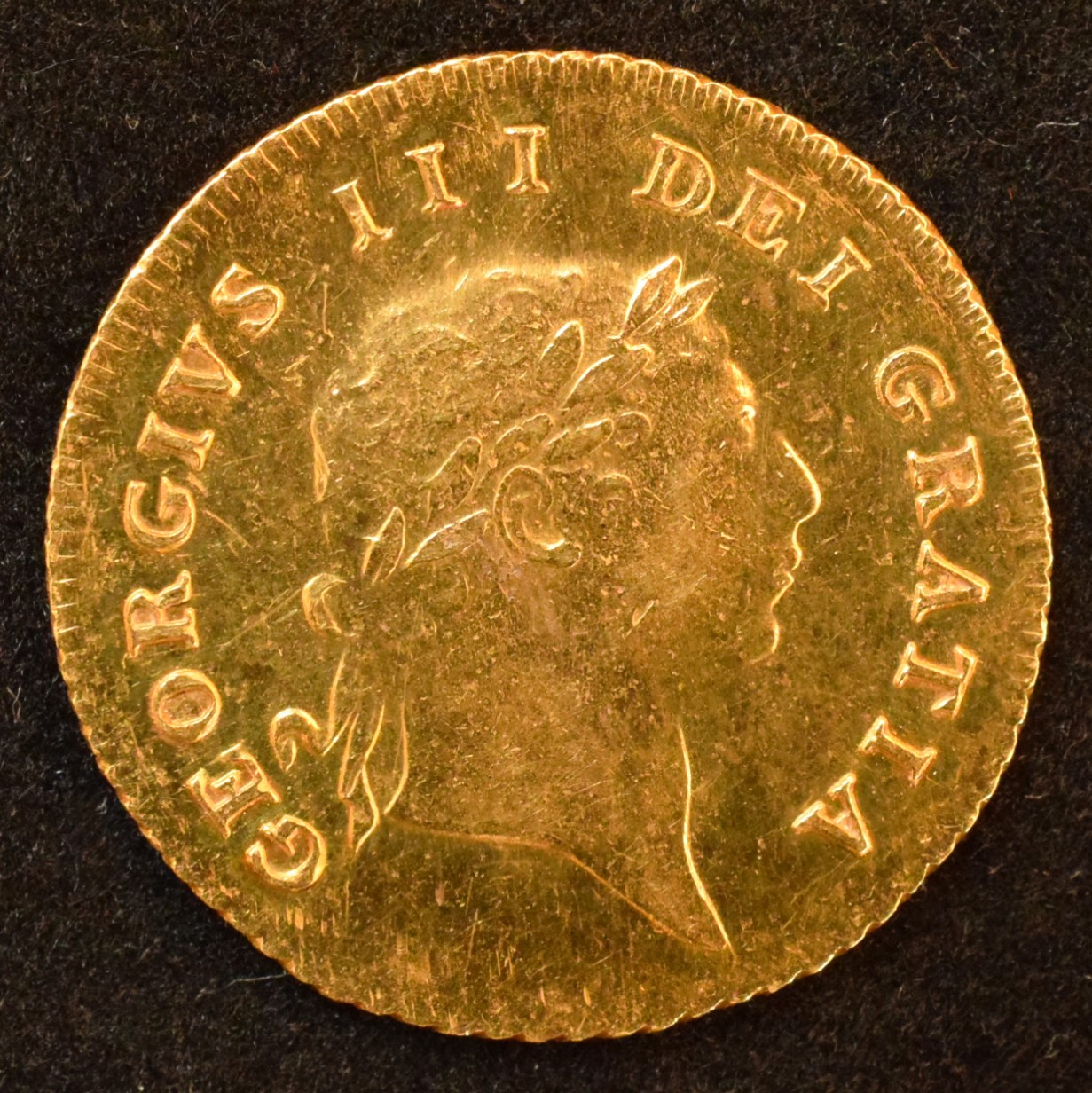 King George III, Half-Guinea, 1810, Seventh laureate head r. with short hair, R. shield in garter,