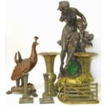 Pair of Elkington candlesticks, brass horse at gate ornament, pair of brass Chinese vases, bronzed