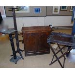 Mahogany butlers tray on folding stand, two jardinière stands and mahogany chiffonier and corner