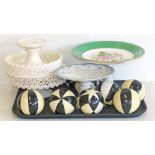 two regal porcelain cake stands and six black and white ceramic balls Condition reports are not