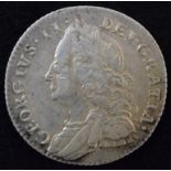 King George II, Sixpence, 1757, Old laureate and draped bust l. R. Crowned cruciform shields, angles