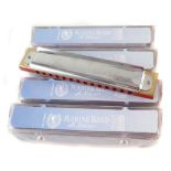 Four Hohner SBS Marine Band harmonicas, in A,D,F, and G, all with cases. 18cm long. Condition