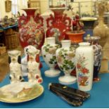 Grecian style vase, various decorative vases, four finger plates, two toby style jugs etc. Condition