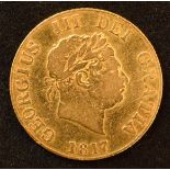 King George III, Half-Sovereign, 1817, Laureate head r. date below, R. crowned shield, edge