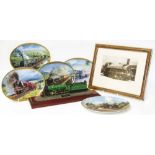 Five oval Wedgwood wall plates depicting trains and steam memories, Manchester united model train