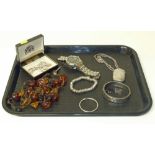 Silver necklace and vesta case, hoop earrings, wristwatch and various other costume jewellery