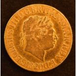 King George III, Sovereign, 1820, Laureate head r. coarse hair, legend type B, R. St. George and