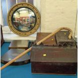 Reproduction convex wall mirror, walking stick, two oak trays, cutlery and boxes, oak lidded box and