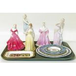 Three Coalport and two Royal Doulton figures, along with five ceramic plates Condition reports are