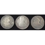 King Charles IV, Spanish Dollar, 8 reales silver coins, dated 1801, 1802 and 1806, Mexico and