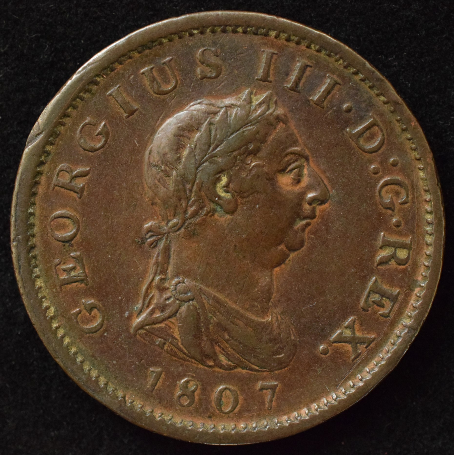 King George III, Penny, 1807, Fourth Issue - Soho Mint, Birmingham, Shorter haired laureate and