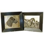 Britannia metal (plated spelter) plaques of horses and a terrier one signed G. Bommer the other