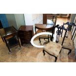 Reproduction mahogany serpentine mounted chest of three drawers, drop leaf trolley, a pair of chairs