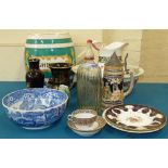 Ceramic sherry barrel, Whieldon ware jug and bowl, Copeland Spode's Italian bowl, soda siphon etc