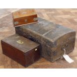 Dome top trunk covered in case, Victorian oak cigar box with two divisions and oak box with military