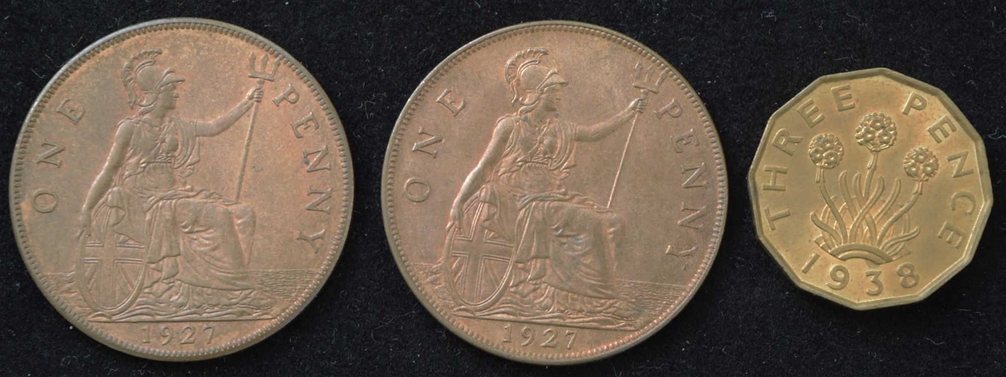 Two King George V pennies, both dated 1927, one King George VI threepence dated 1938 and four King