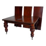 Victorian mahogany wind-out dining table, rectangular top with three leaves all raised on four