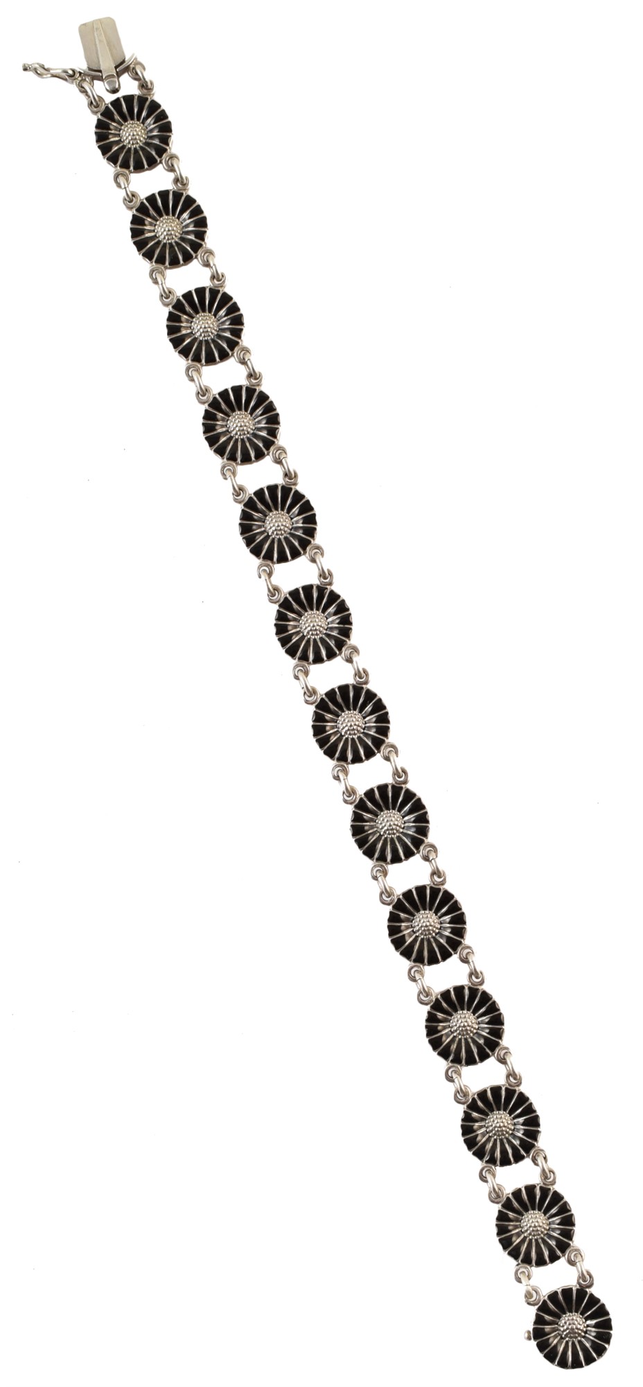 Georg Jensen silver and black enamel flower head link bracelet , tongue and box snap clasp, 19cm