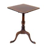 Victorian mahogany snap-top wine table, square cross-banded top, ring turned column, triform base,