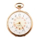 14ct yellow gold small pocket watch , crown winding brass jewelled lever movement, the case
