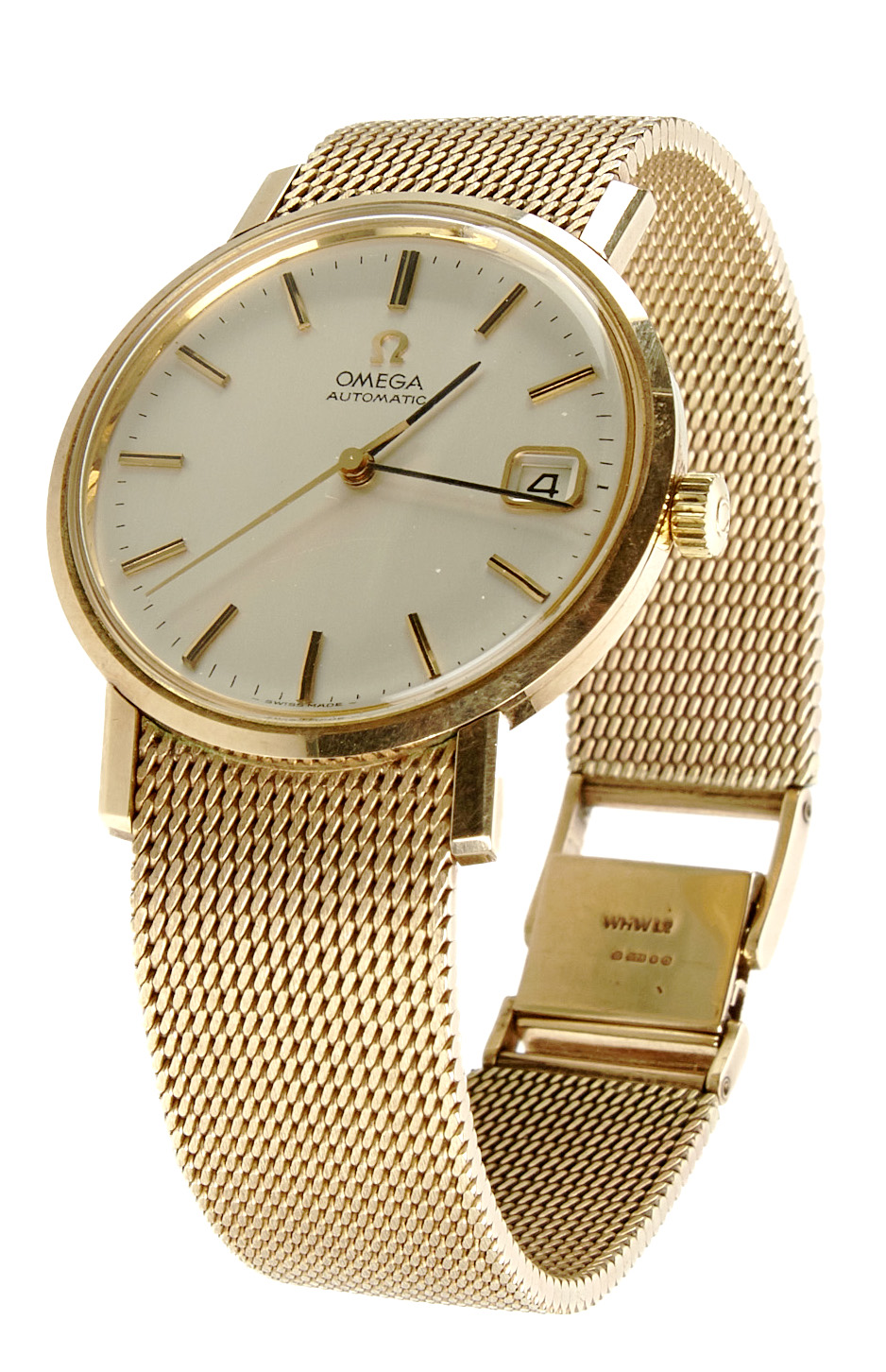 Gent's Omega automatic yellow gold bracelet watch, round white dial applied batons, date window to