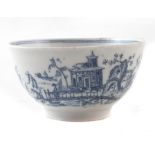 Lowestoft teabowl circa 1770, with rare underglaze blue print of a man on a bridge with boat house