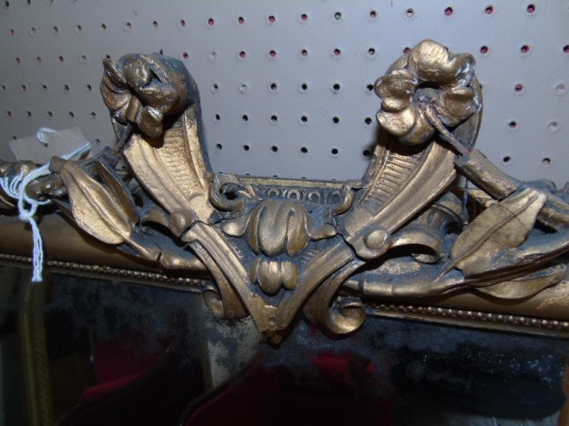 Late 19th century over mantel mirror, arched gesso frame with floral pediment containing original - Image 2 of 8