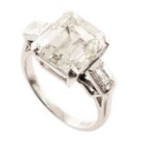 Art Deco 5.02ct diamond solitaire platinum ring , central emerald cut diamond with accompanying