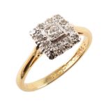 Diamond square cluster 18ct gold and platinum ring, central brilliant cut diamond 4-claw set with