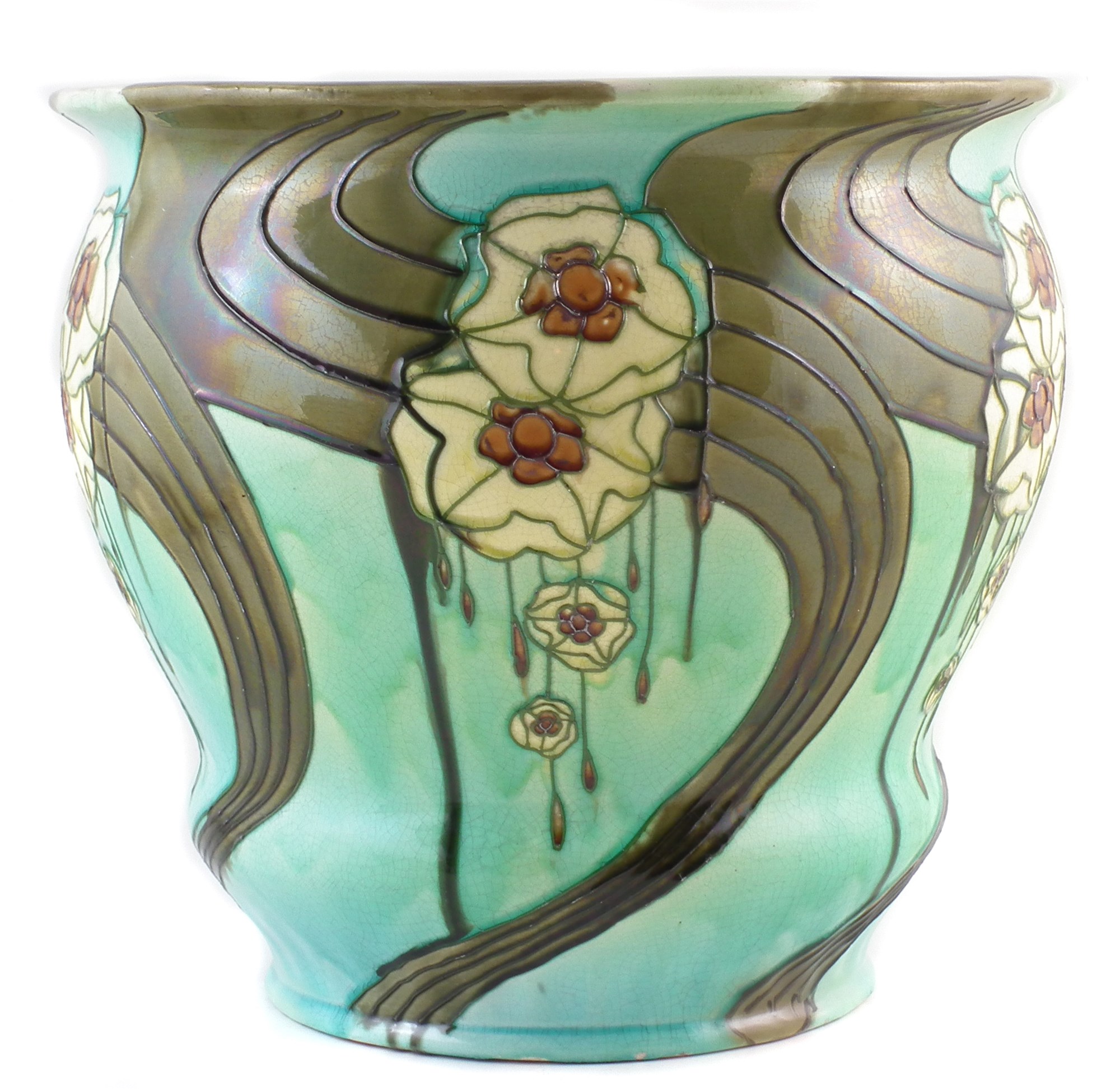 Minton secessionist jardinière, tube lined with stylised flowers, date code for 1905, No.12 to base,