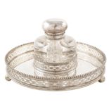 Dutch silver and glass inkwell , round plain polished tray on 3 ball feet, borders with gadroon