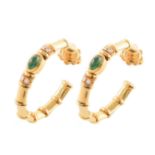 Pair of emerald and diamond 18ct yellow gold bamboo hoop earrings , oval cabochon emerald to each