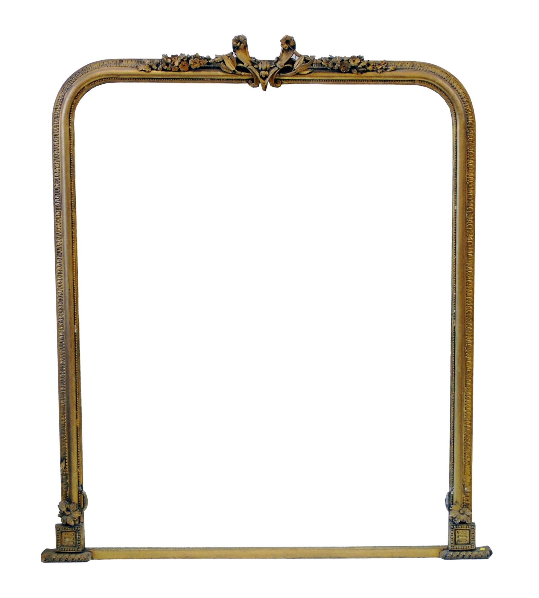 Late 19th century over mantel mirror, arched gesso frame with floral pediment containing original