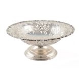 Edwardian silver dish , circular bowl with pierced floral decoration, applied shell and gadroon