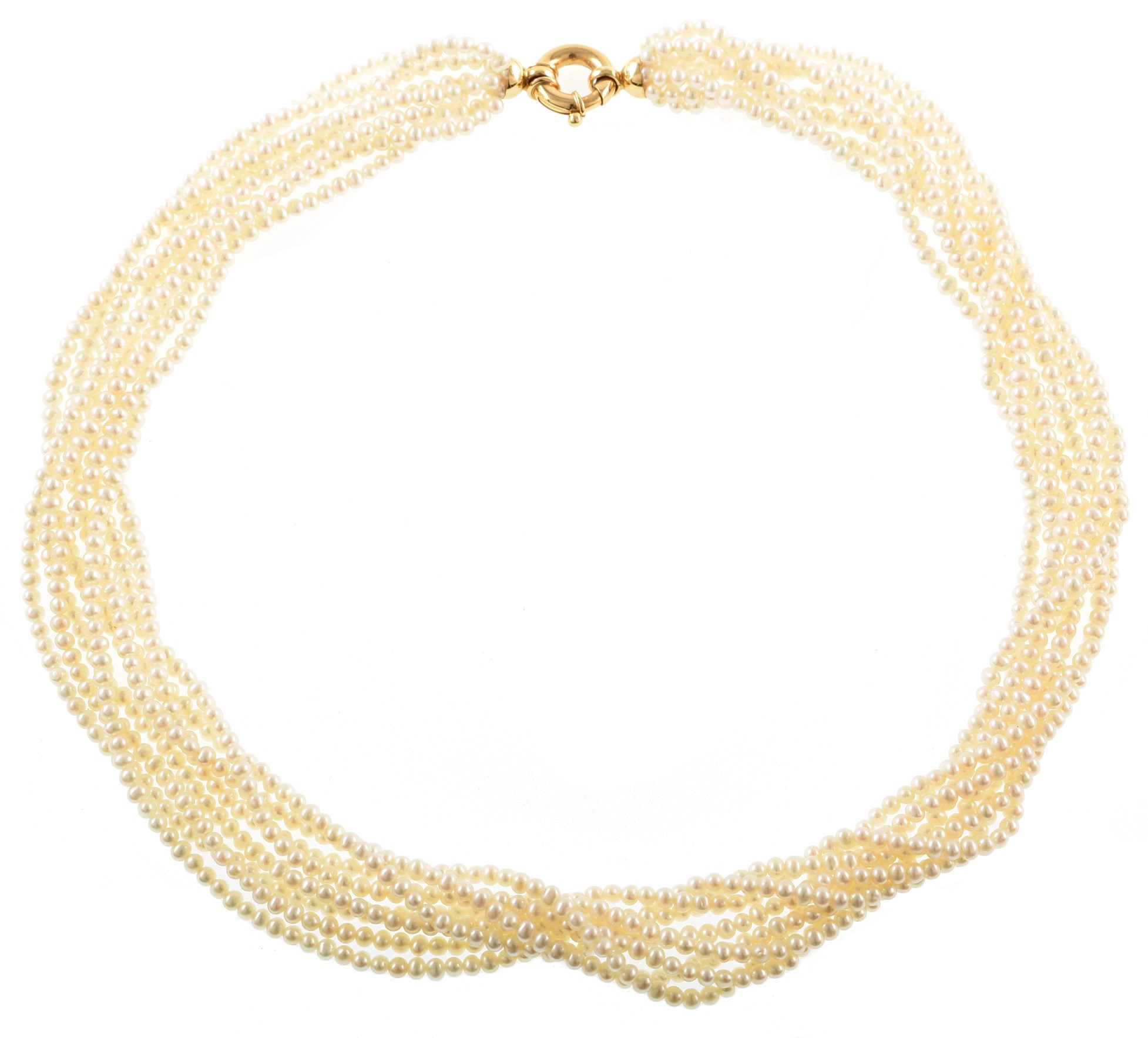 7 row cultured seed pearl necklace with 18ct yellow gold fastener , the cultured pearls 3.0 - 3.