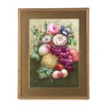 Porcelain panel still life, depicting fruit and flower spray, framed, 19th century 27cm x 19.5cm For