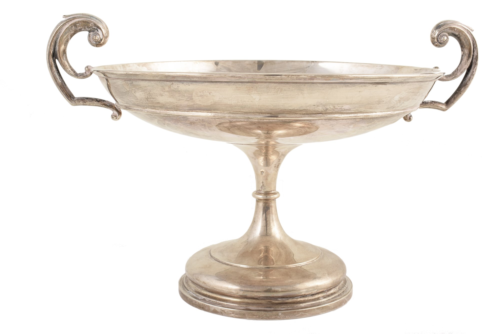 Twin-handled silver centre dish by Walker and Hall , plain polished circular body on tapered stem