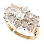 Diamond boat-shaped cluster ring , comprising 3 central baguette cut diamonds and a surround of 12