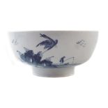 Worcester bowl circa 1755, painted with The Cormorant pattern in underglaze blue, workman's mark