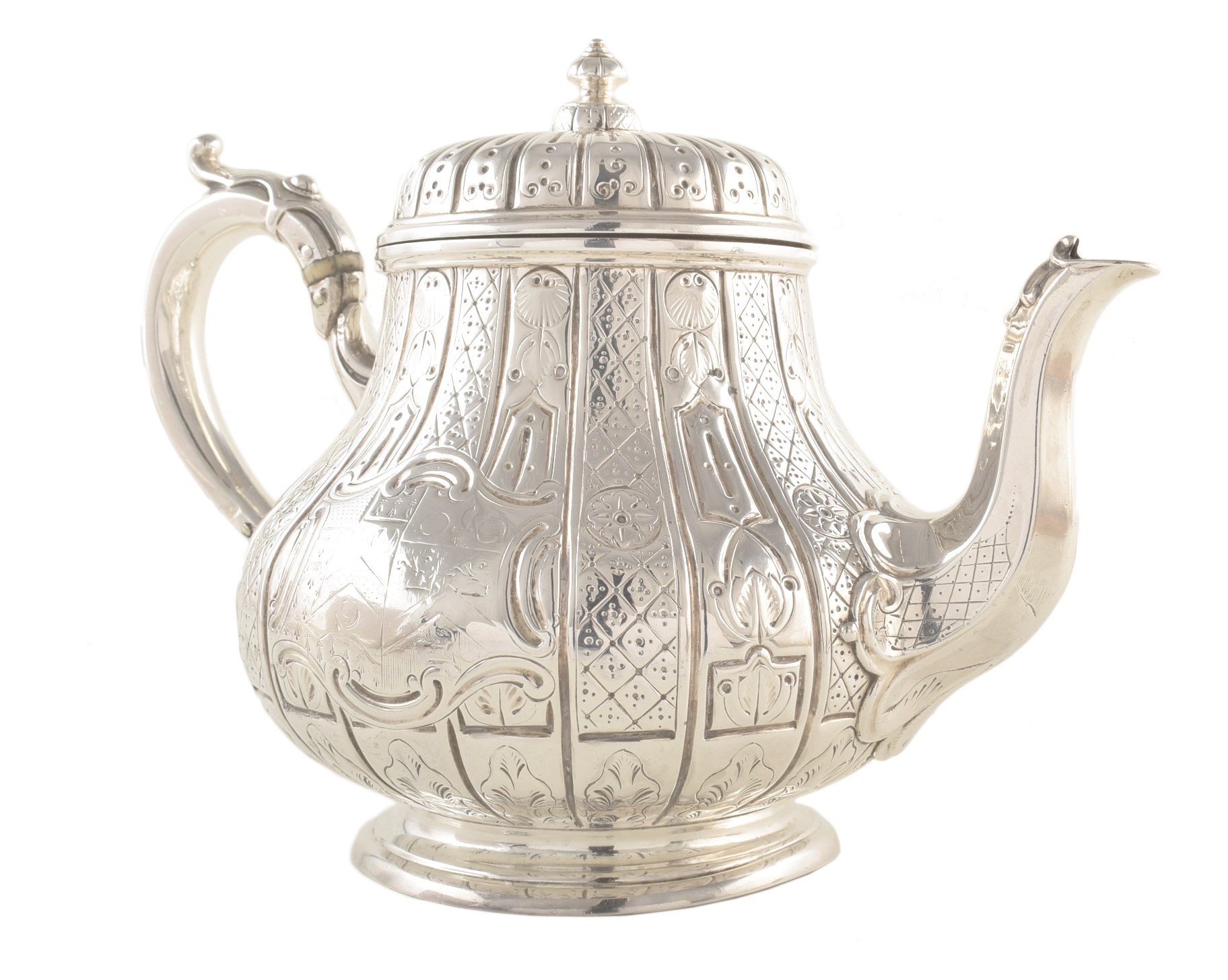 Victorian silver teapot marks by Martin Hall & Co , squat baluster form on circular spreading