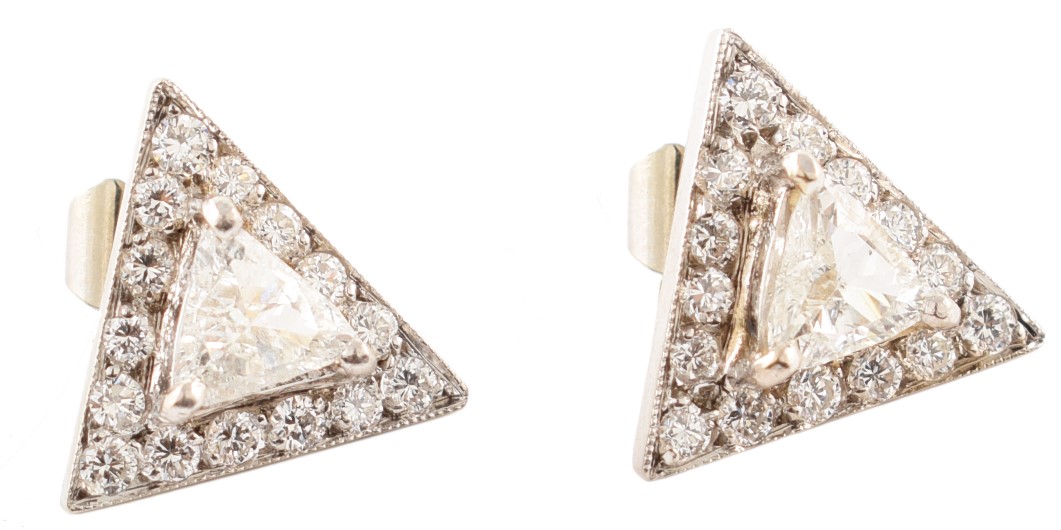 Pair of diamond and white gold triangular cluster earrings , central trilliant cut diamonds weighing