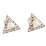 Pair of diamond and white gold triangular cluster earrings , central trilliant cut diamonds weighing