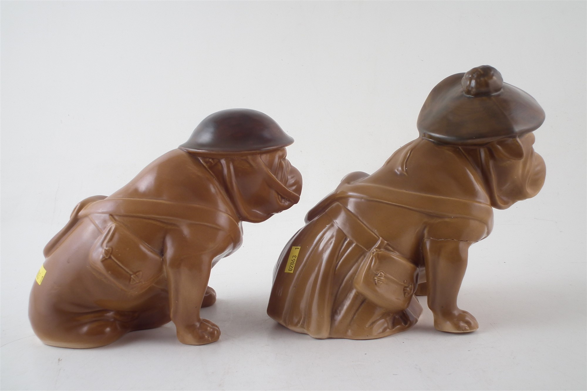 Royal Doulton Tam O'Shanter and Tommy Bulldogs , WW1 era, in drab green, (2) 18cm high For a - Image 3 of 6