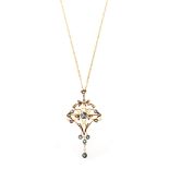 Edwardian aquamarine and seed pearl 15ct yellow gold drop pendant , central mixed cut aquamarine