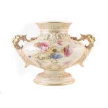 Large Royal Worcester vase monogrammed ER for Edward Raby , with twin monkey mask handles, decorated