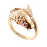 9ct yellow gold fish shaped ring with faceted ruby eyes , gross weight 4.0g, ring size J 1/2. For