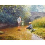 Tony Sheath (British, b.1946), Boys fishing, signed, oil on canvas, 39.5 x 50cm, 15.5 x 19.5in.