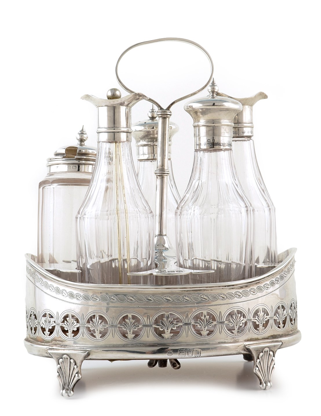 A Victorian silver and glass five-piece cruet set and stand , the five original faceted bottle