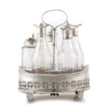 A Victorian silver and glass five-piece cruet set and stand , the five original faceted bottle