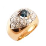 Blue and white diamond boat shaped cluster 18ct yellow gold ring , central blue diamond of treated